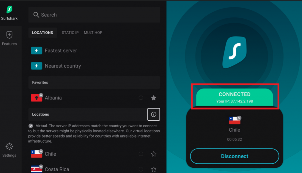 Surfshark-For-Firestick - Status-Connected