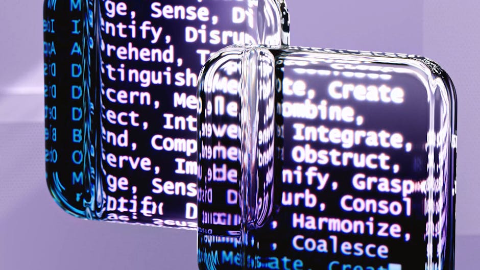 Abstract glass surfaces reflecting digital text create a mysterious tech ambiance