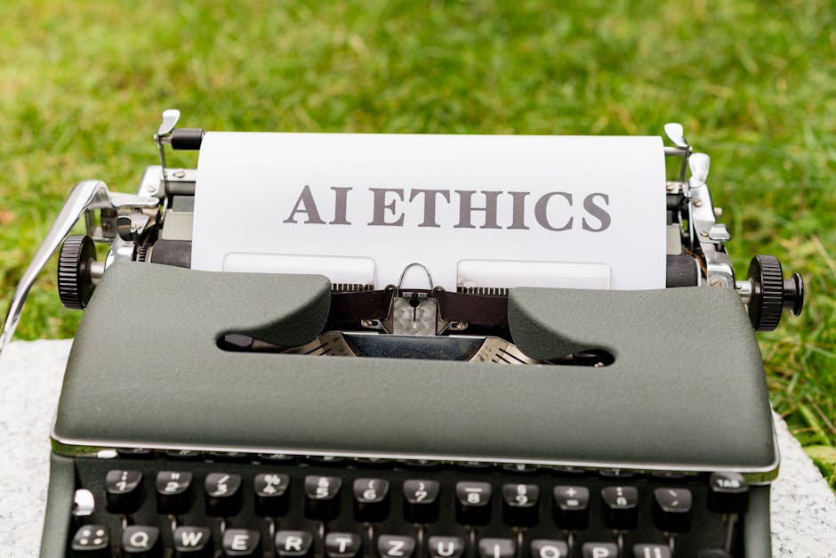 A vintage typewriter outdoors displaying AI ethics on paper symbolizing tradition meets technology